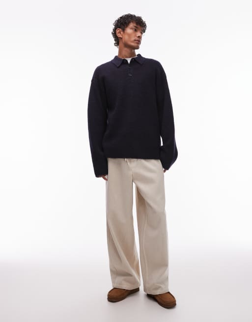 Topman – Marinblå, stickad pikétröja i oversize, 2 av 4