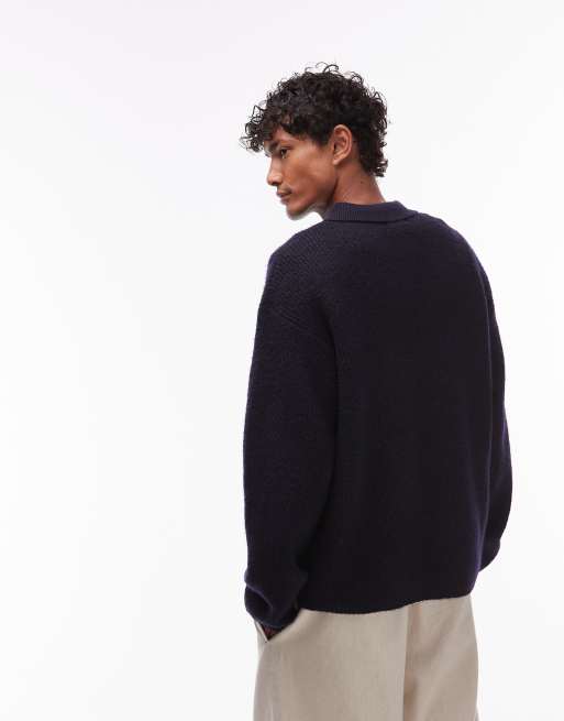 Topman – Marinblå, stickad pikétröja i oversize, 3 av 4