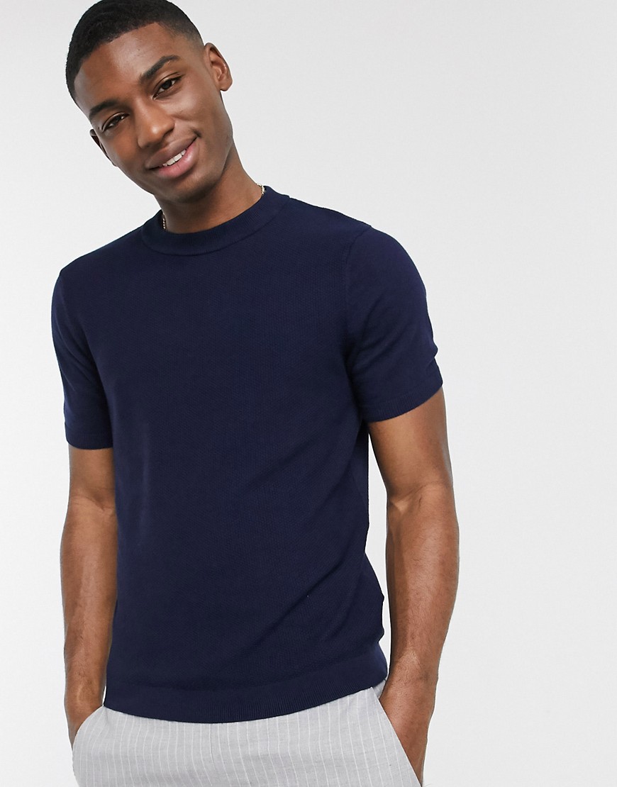 Topman – Marinblå, stickad t-shirt