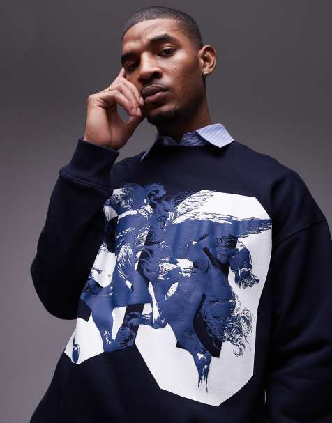 Topman – Marinblå sweatshirt i oversize med strukturerat Pegasus-tryck - view 1