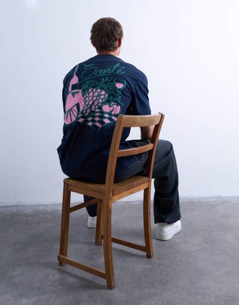 Topman – Marinblå t-shirt i relaxed fit med frukt och vintryck fram- och baktill - view 1