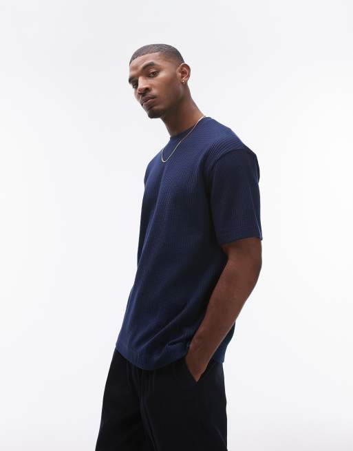 Topman – Marinblå våffelstrukturerad t-shirt i oversize