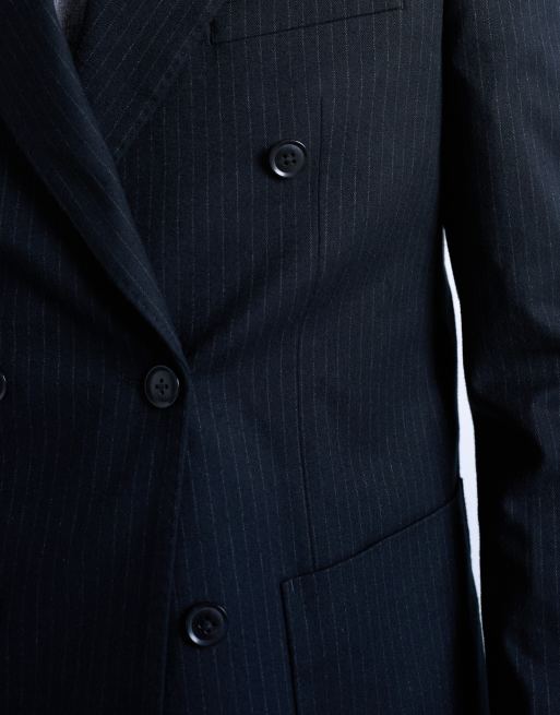 Topman – Marinblårandig, dubbelknäppt kavaj i ylletyg, del av kostym, 3 av 5