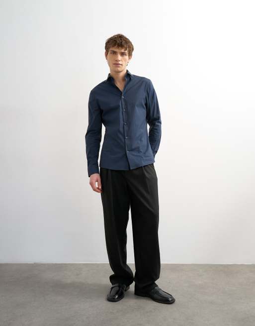 Topman - Marineblå elegant Slim Fit-skjorte med lange ærmer og stretch, 2 af 5