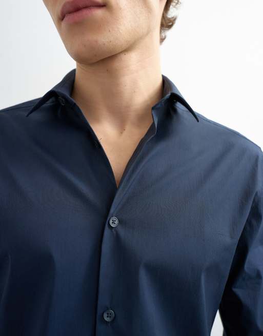 Topman - Marineblå elegant Slim Fit-skjorte med lange ærmer og stretch, 5 af 5