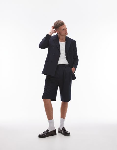 Topman - Marineblå longline-shorts i hørblanding - view 1