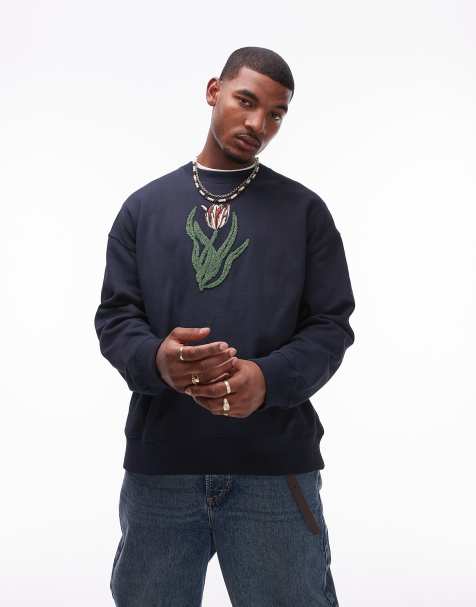 Topman - Marineblå oversized sweatshirt med tulipbroderi foran og bagpå i chenille - view 1