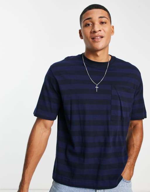 Topman - Marineblå T-shirt med vandrette striber i firkantet pasform