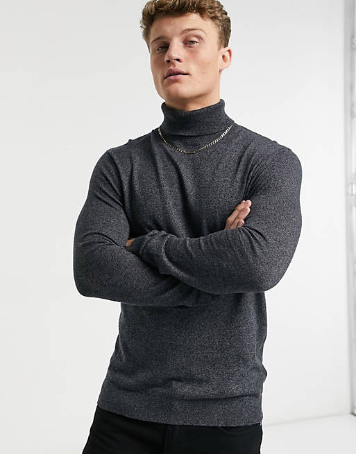Topman marl essential roll knitted jumper in charcoal grey