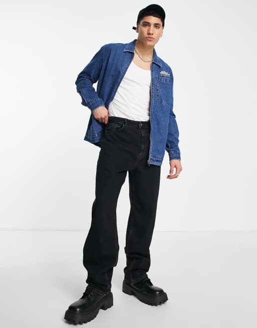 Topman – Mellanblå overshirt i denim med broderi baktill och tvättad finish, 4 av 4