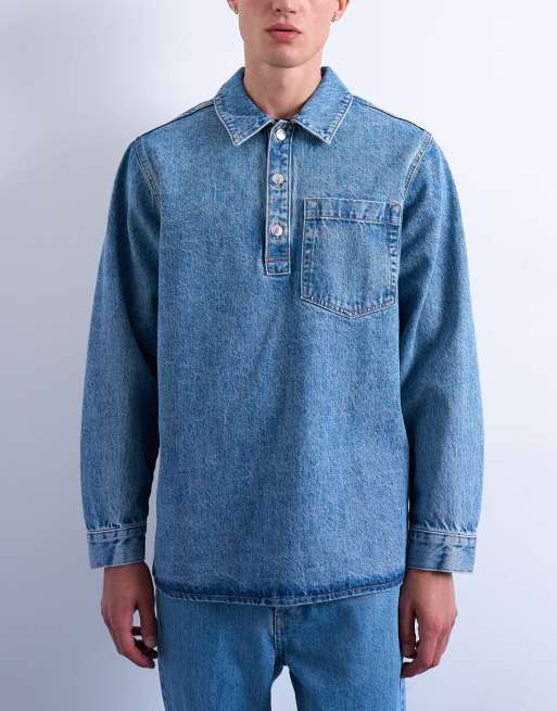 Topman - Mellemvasket overhead-denimskjorte i afslappet pasform, 3 af 5
