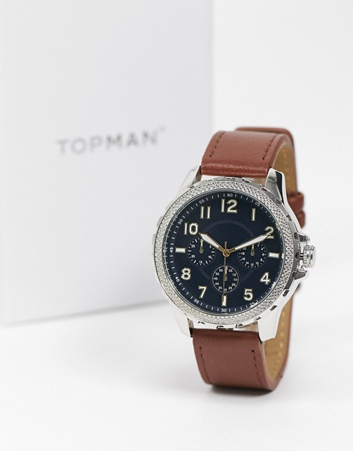 Topman mens faux leather watch in brown