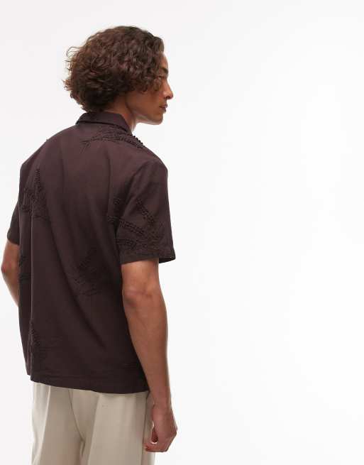 Topman - Met de hand geborduurd overhemd met korte mouwen in chocoladebruin, 3 van 4