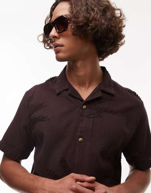 Topman - Met de hand geborduurd overhemd met korte mouwen in chocoladebruin, 4 van 4