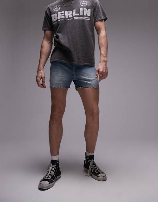 	Topman micro denim shorts with raw hem in light blue wash