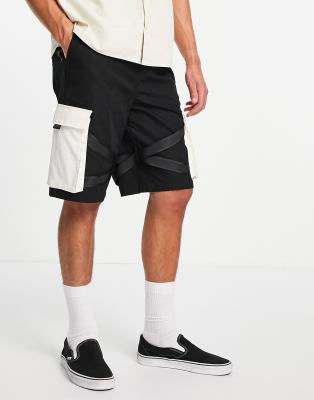 Topman mid slim cross webbing cargo shorts in black