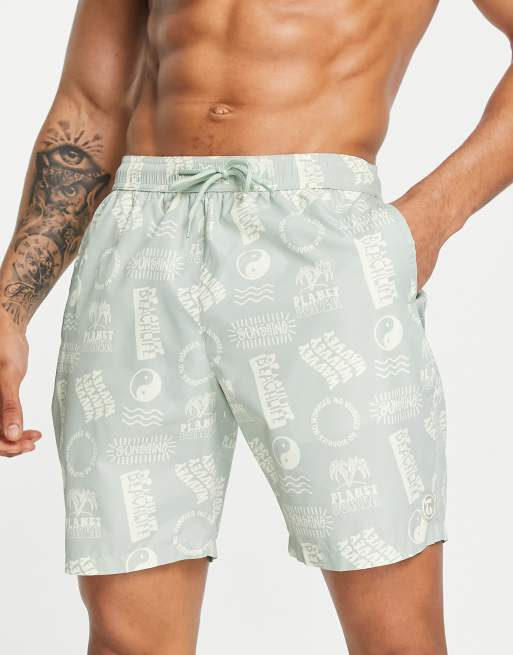 Topman – Miętowe szorty kąpielowe o wydłużonym fasonie z nadrukiem plażowym