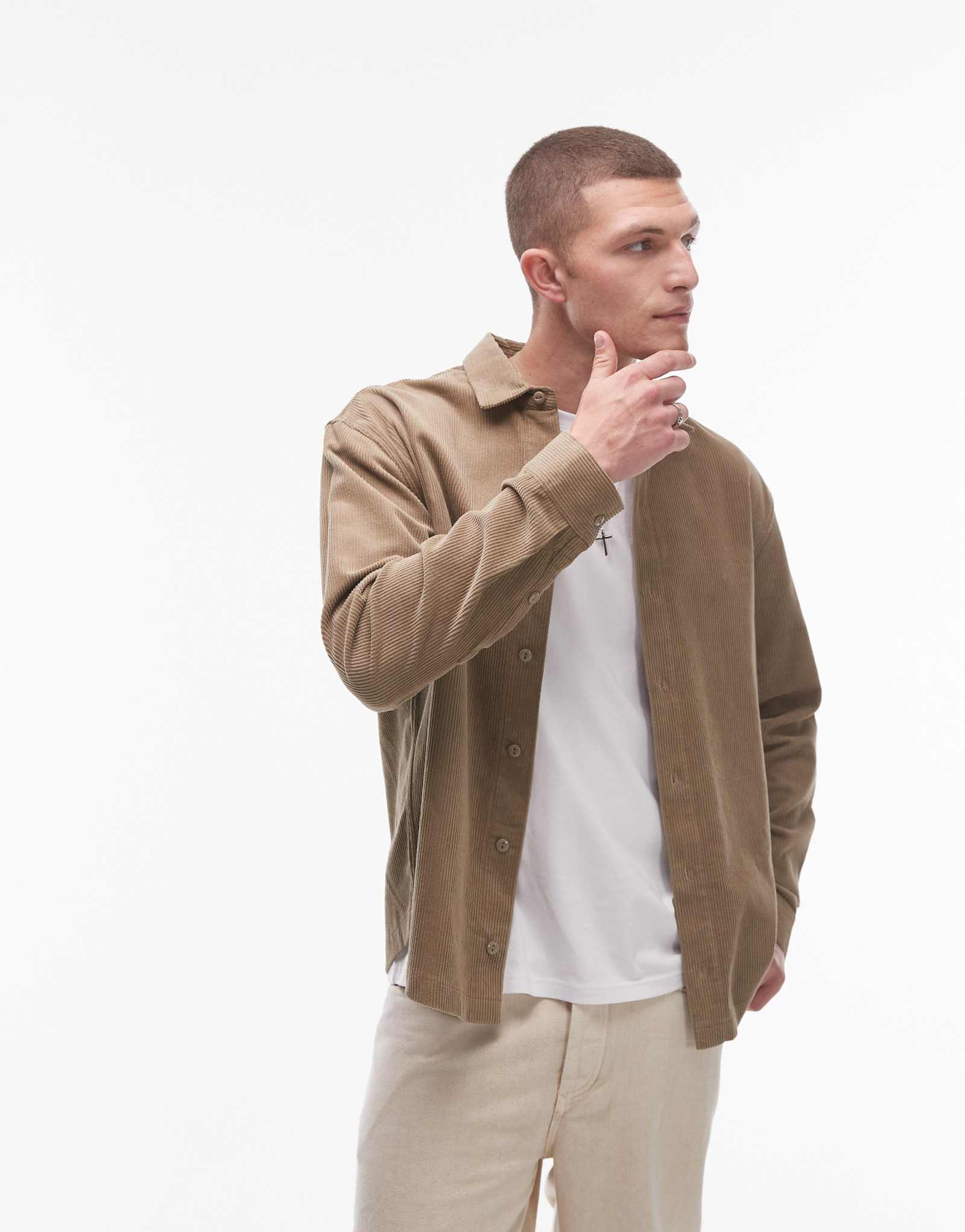 Вельветовая бежевая рубашка оверсайз Topman с длинным рукавом