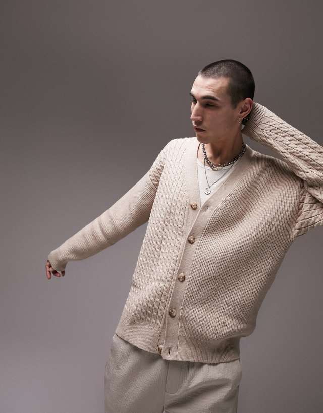 Topman mix stitch cardigan in stone