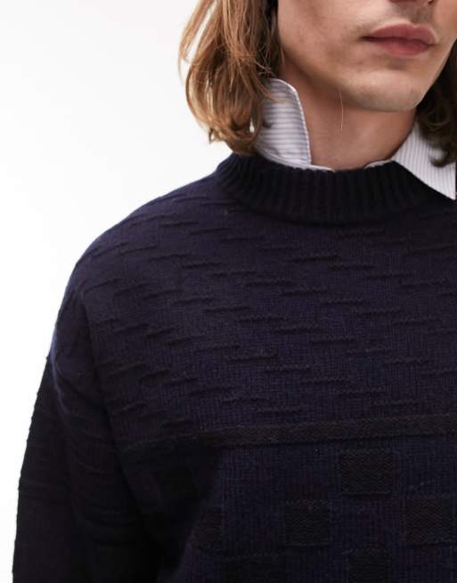 Topman mixed pattern crew jumper in navy, 3 of 4