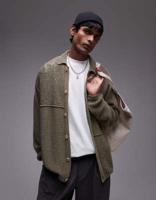 Topman  mixed pattern crochet long sleeve polo with revere collar in khaki - view 1