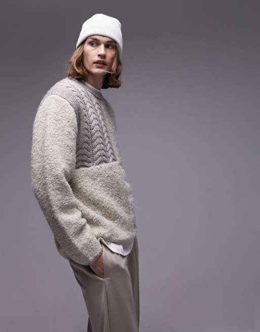 Topman mixed pattern sweater in ecru