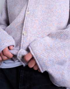 Model wearing Mixed up knitted cardigan in lilac