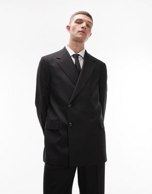 Topman modern fit two button double breasted suit jacket in black