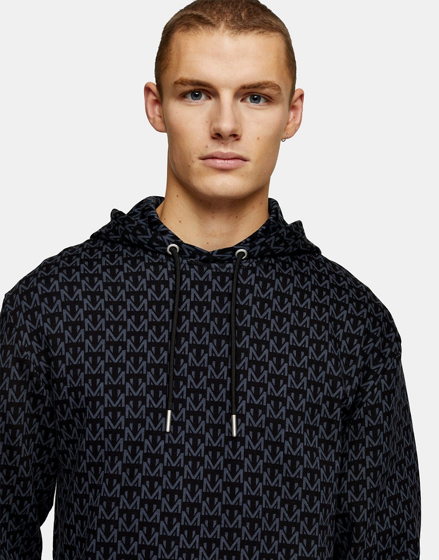 Topman monogram print pullover hoodie in navy-Blues