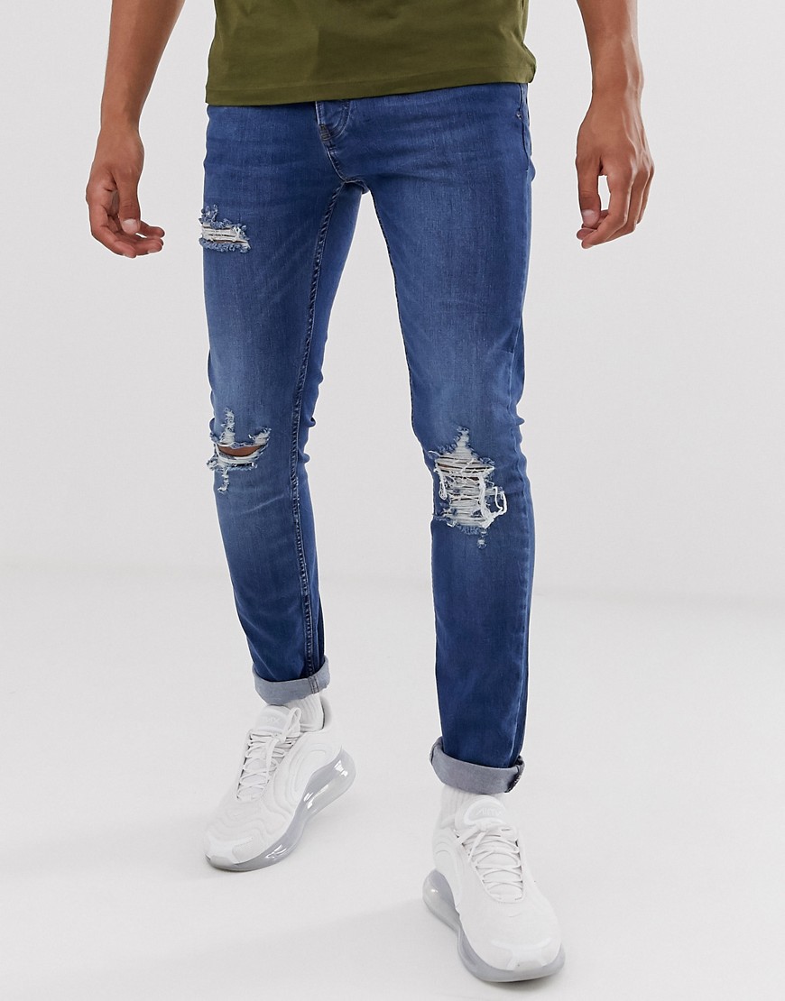 Topman – Mörka blåtvättade skinny jeans med revor