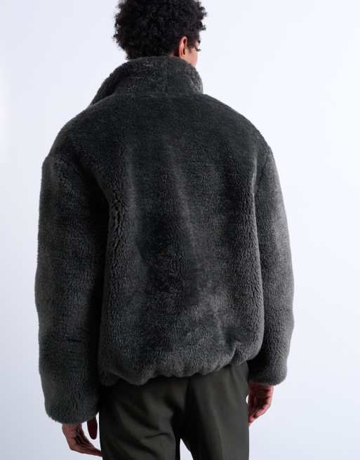 Topman – Mörkgrå jacka i fuskpäls med ståkrage och dragkedja, 4 av 5
