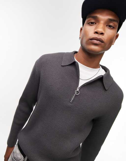 Topman – Mörkgrå ribbstickad pikétröja, 3 av 4