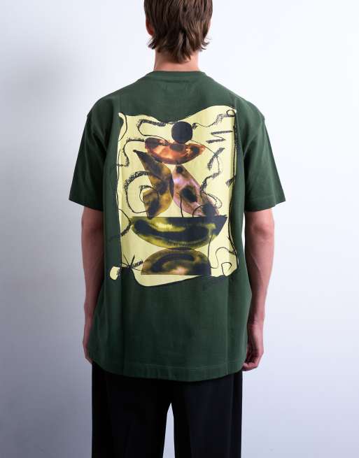 Topman – Mörkgrön, avslappnad t-shirt med akvarelltryck fram- och baktill, 2 av 5