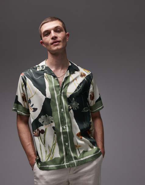 Topman – Mörkgrön, mönstrad skjorta i satin med korta ärmar - view 1