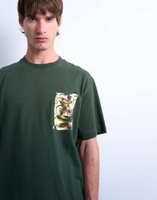 Topman – Mörkgrön t-shirt i oversize med akvarelltryck fram- och baktill