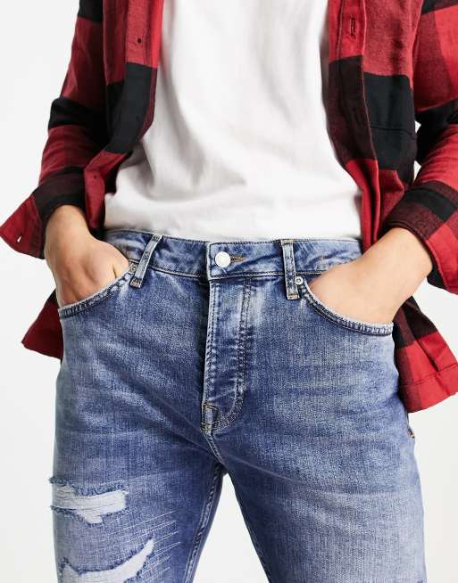 Topman – Mörktvättade avsmalnande jeans med lagningar och revor, 3 av 4