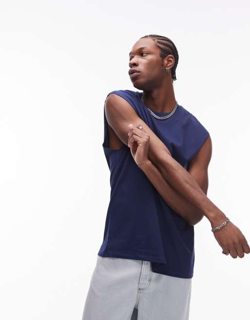 Topman - Mouwloos T-shirt met oversized pasvorm in marineblauw