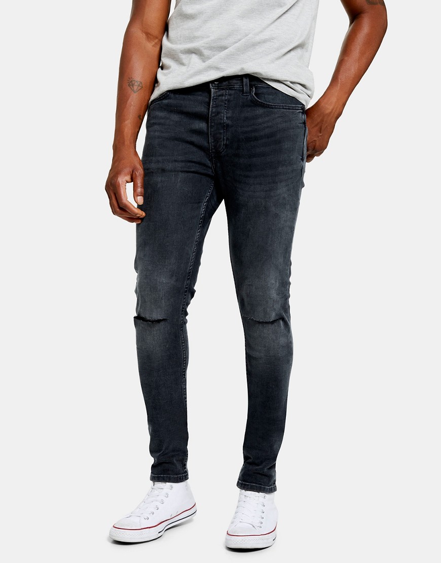 Topman - Mørkeblå skinny-jeans med flænger og stretch i økologisk bomuldsblanding
