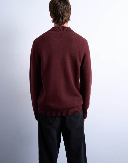 Topman - Mørkerød polotop i regular fit i strik med lynlås, 3 af 5