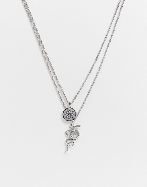 Topman multi row neckchain with snake and round pendant in silver