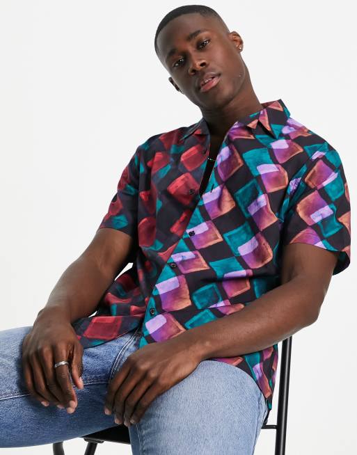 Topman - Multifarvet skjorte med opdelt geometrisk print 