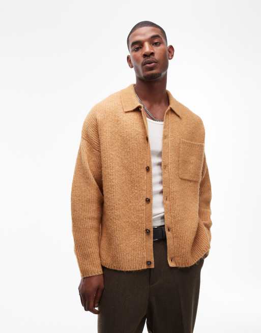 Topman – Musztardowy szczotkowany kardigan o luźnym kroju z kołnierzem