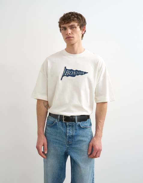 Topman – Naturvit, avslappnad t-shirt med Bonjour Flag-märke - view 1