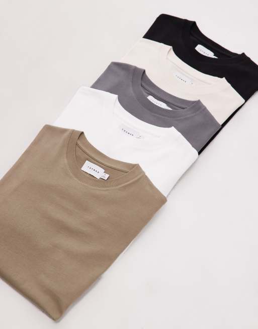 Topman – Naturvit, kakifärgad, mörkgrå och svart t-shirt i regular fit, 5-pack
