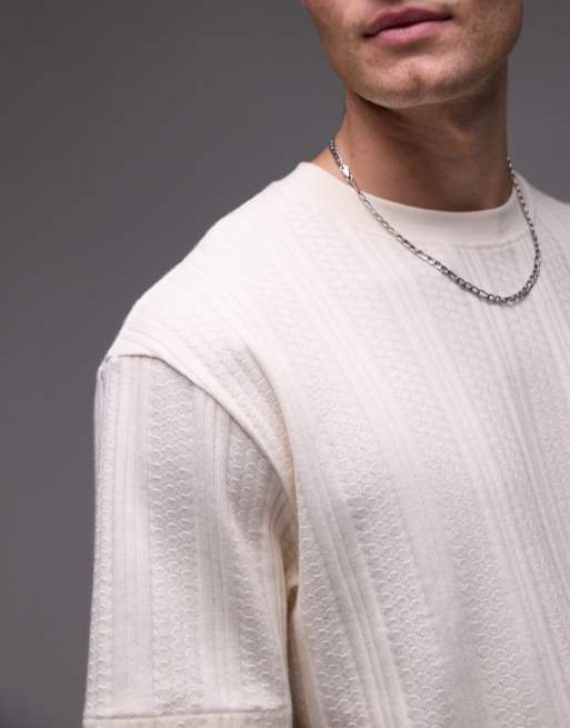 Topman – Naturvit, pointellestickad t-shirt med avslappnad passform, 4 av 4