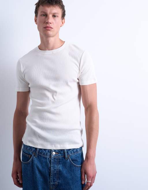 Topman – Naturvit, ribbad t-shirt med smal passform, 2 av 5