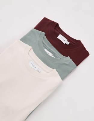 Topman – Naturvit, salviagrön och brun t-shirt i regular fit, 3-pack - view 1