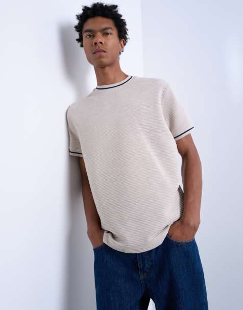 Topman – Naturvit, strukturerad, klassisk t-shirt med kantränder - view 1