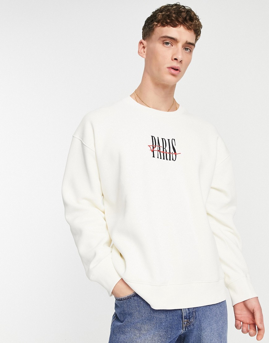 topman - naturvit sweatshirt i oversize med paris-broderi-naturlig