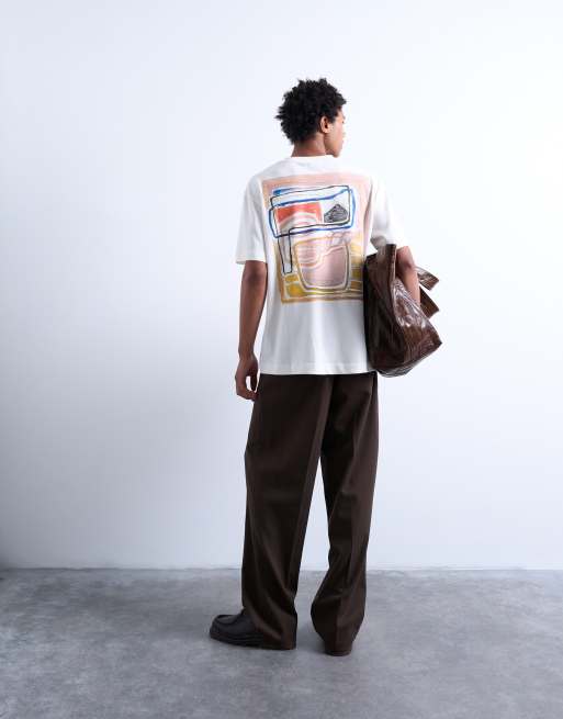 Topman – Naturvit t-shirt i oversize med abstrakt blocktryck